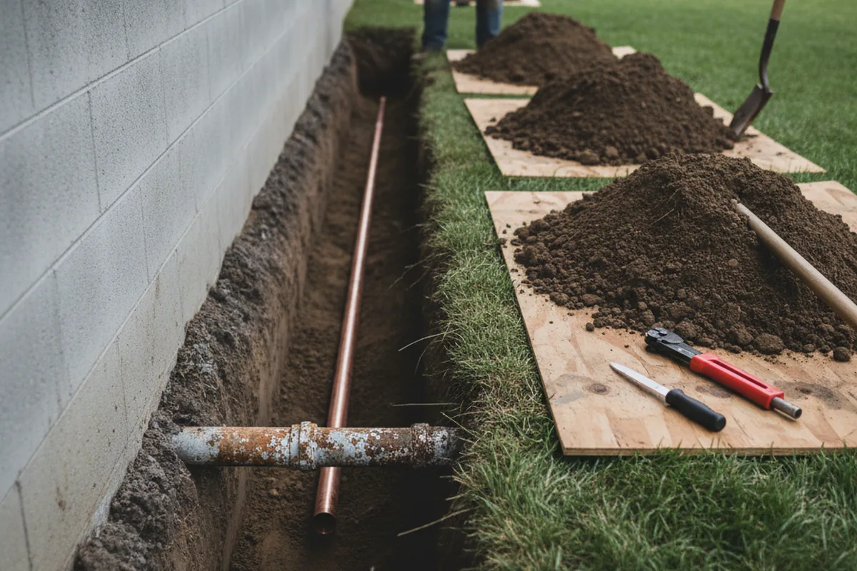 Excavated water line trench during Sewer Line Repair in Salisbury Mills